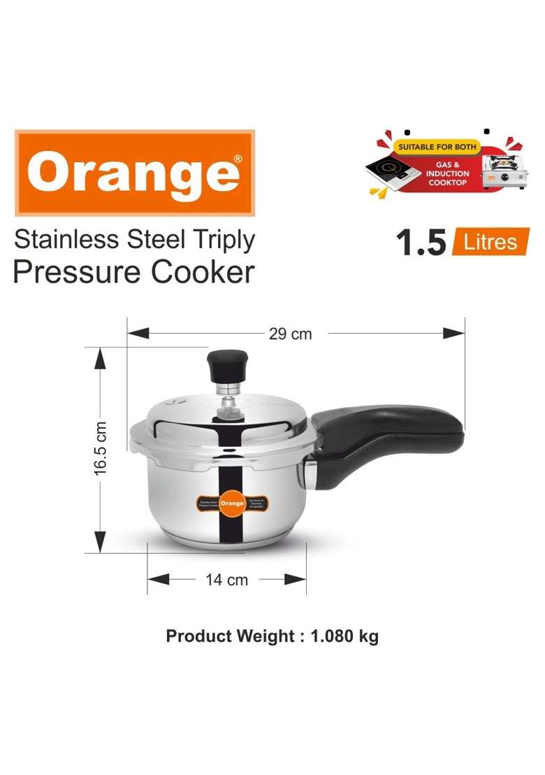 Orange Triply Stainless Steel Outer Lid Pressure Cooker with Strong | 1.5 L | 1.6 Qt | Induction Compatible | Heavy Bottom - Indya