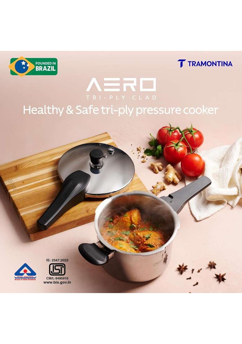 TRAMONTINA Aero Arc Tri-Ply Stainless Steel Pressure Cooker | 5 L | 5.3 Qt | Induction Compatible | Food Safe - Indya
