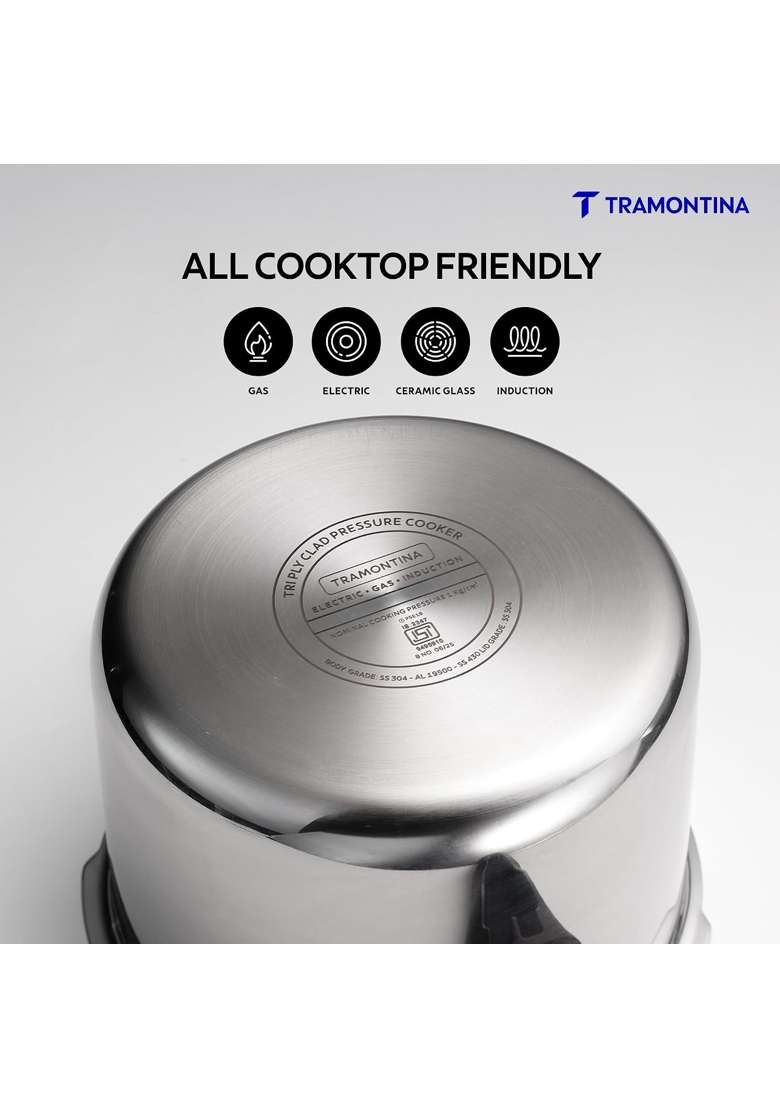TRAMONTINA Aero Arc Tri-Ply Stainless Steel Pressure Cooker | 5 L | 5.3 Qt | Induction Compatible | Food Safe - Indya