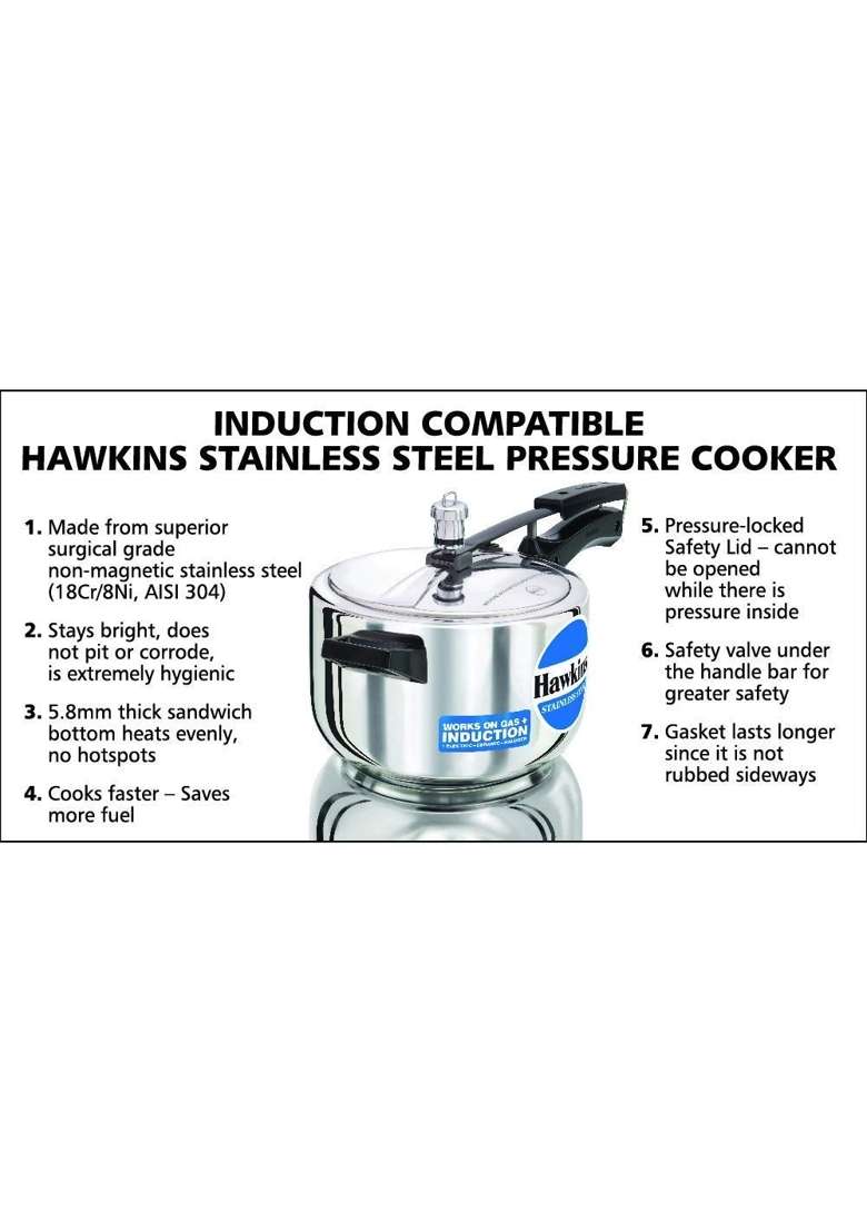 Hawkins Stainless Steel Induction Compatible Inner Lid Pressure Cooker | 4 L | 4.2 Qt - Indya