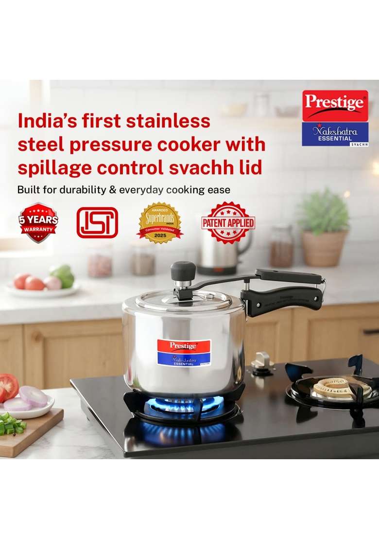 Prestige Stainless Steel Nakshatra Essential Svachh Inner Lid Pressure Cooker | 3 L | 3.2 Qt | Induction Compatible | Tri-Ply - Indya