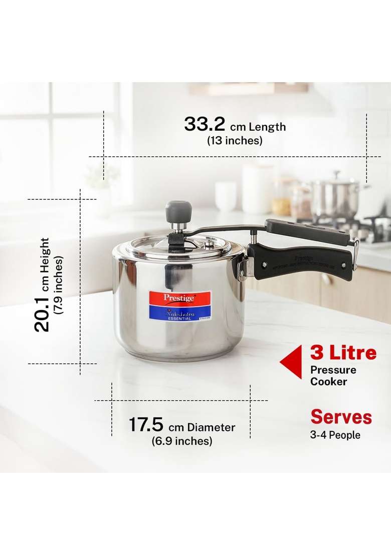 Prestige Stainless Steel Nakshatra Essential Svachh Inner Lid Pressure Cooker | 3 L | 3.2 Qt | Induction Compatible | Tri-Ply - Indya