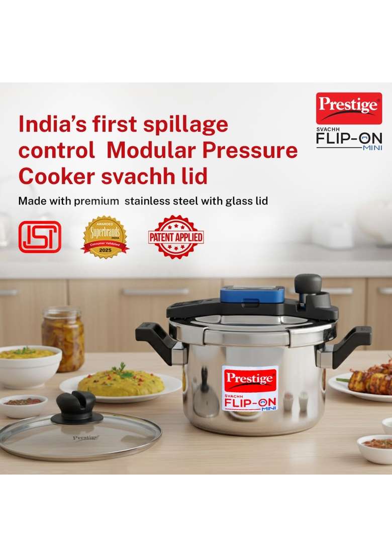 Prestige Stainless Steel Flip on Mini Svachh Outerlid Pressure Cooker with Glass Lid | 3 L | 3.2 Qt | Induction Compatible - Indya
