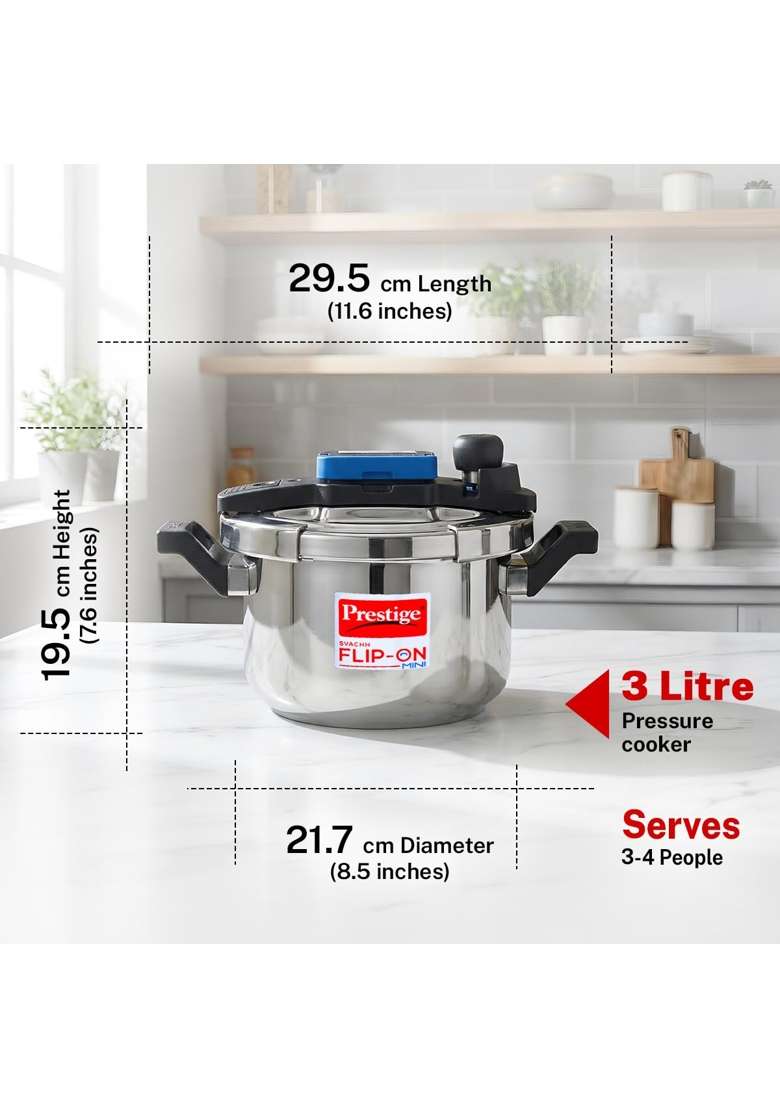 Prestige Stainless Steel Flip on Mini Svachh Outerlid Pressure Cooker with Glass Lid | 3 L | 3.2 Qt | Induction Compatible - Indya