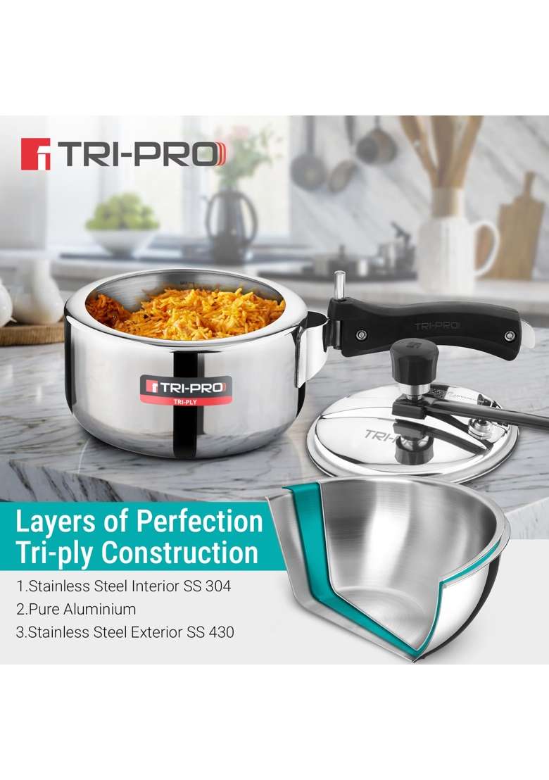 BERGNER Tripro Triply Stainless Steel Inner Lid Pressure Cooker | 2 L | 2.1 Qt | Induction Compatible - Indya