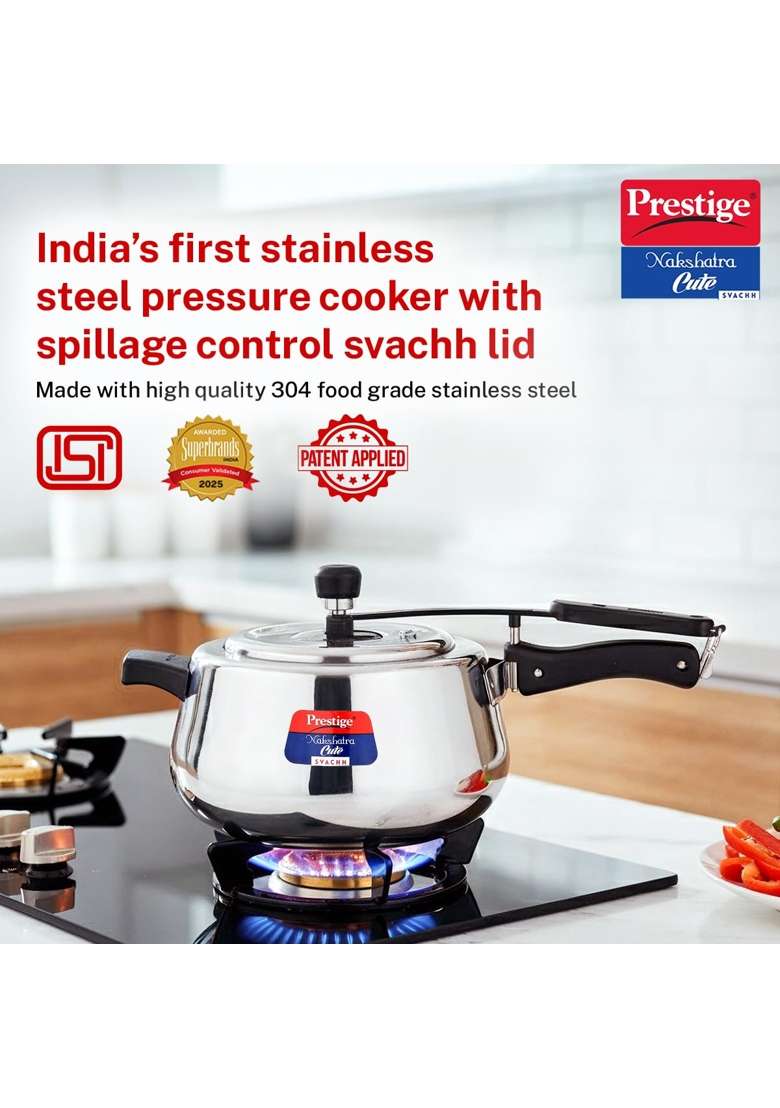 Prestige Stainless Steel Nakshatra Cute Svachh Pressure Cooker | 5 L | 5.3 Qt | Induction Compatible - Indya
