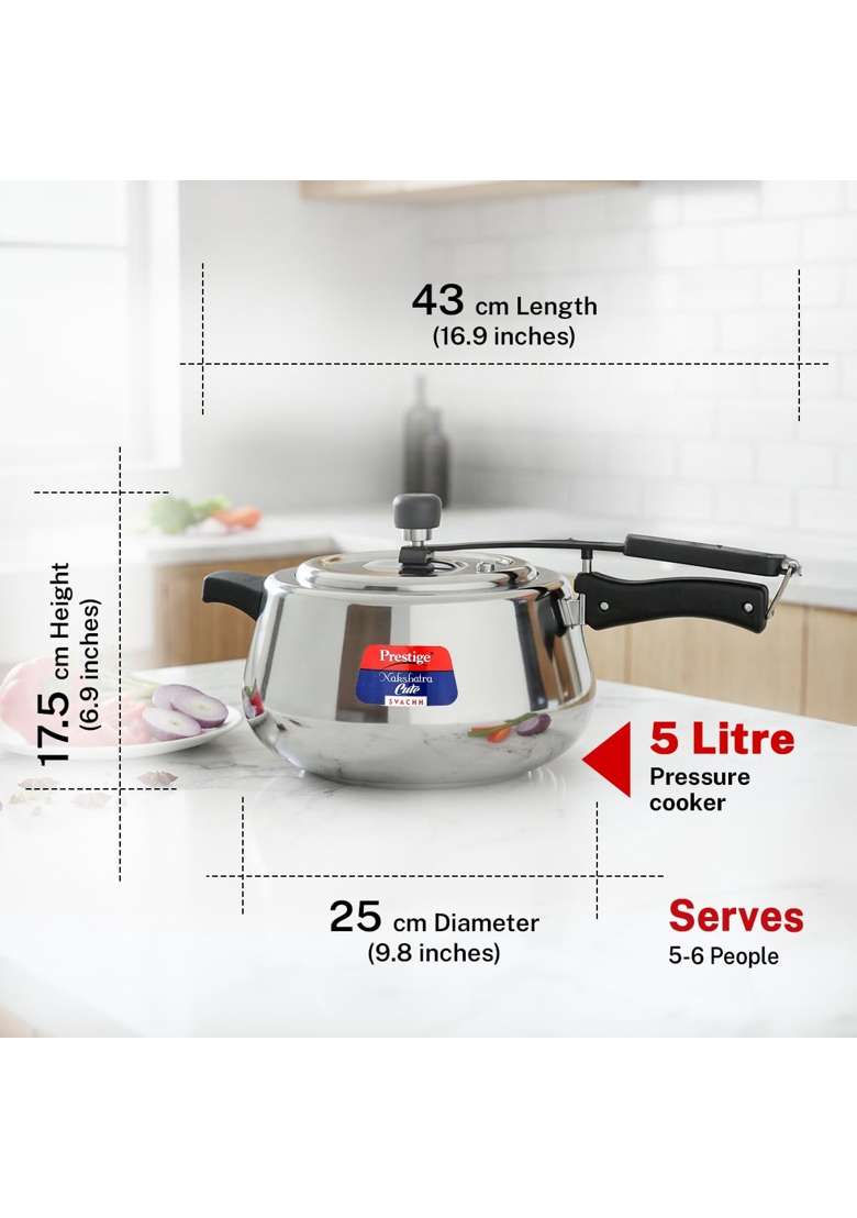 Prestige Stainless Steel Nakshatra Cute Svachh Pressure Cooker | 5 L | 5.3 Qt | Induction Compatible - Indya