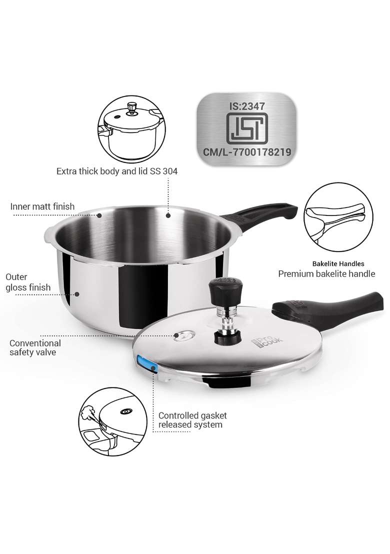 MILTON Pro cook Milton ProCook Triply Pressure Cooker Stainless Steel with Outer Lid | 1.5 L | 1.6 Qt | Induction Compatible - Indya
