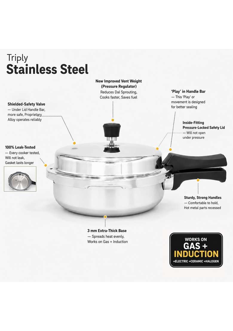 SOLARA Triply Outer Lid Pressure Pan | 2 L | 2.1 Qt | Induction Compatible - Indya