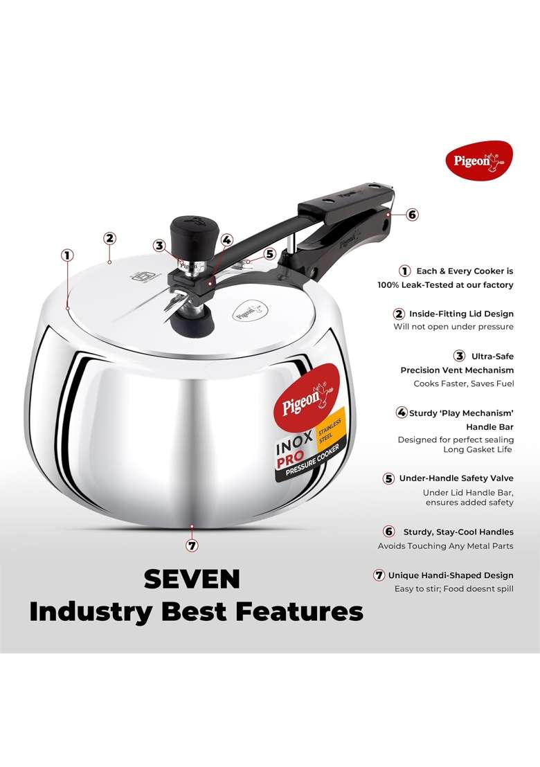 Pigeon Inox Pro Inner Lid Stainless Steel Cooker | 2 L | 2.1 Qt - Indya