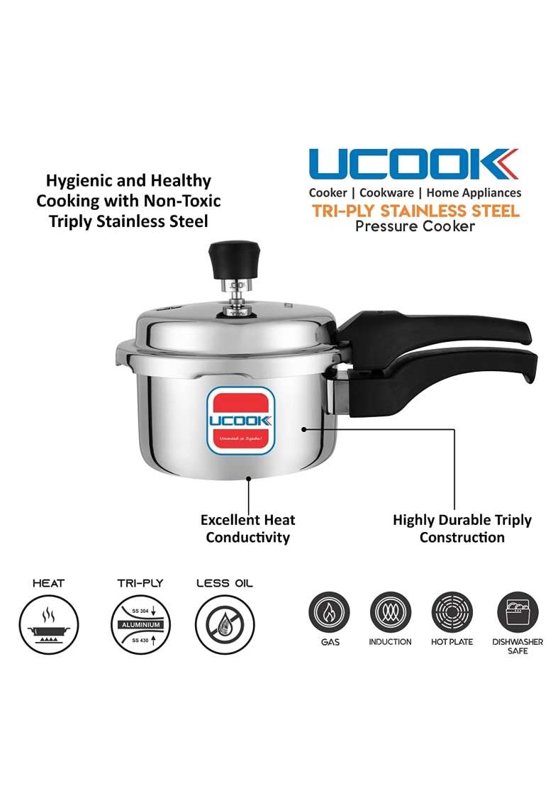 UCOOK By United Ekta Engg. Triply Stainless Steel Induction Base Outerlid Pressure | 1.5 L | 1.6 Qt - Indya
