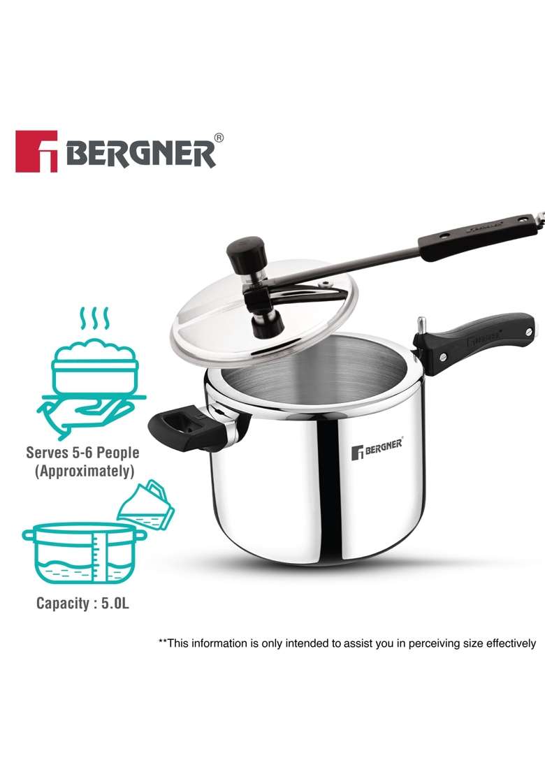 BERGNER Argent TriPly Stainless Steel Inner Lid Pressure Cooker | 5 L | 5.3 Qt | Induction Compatible - Indya