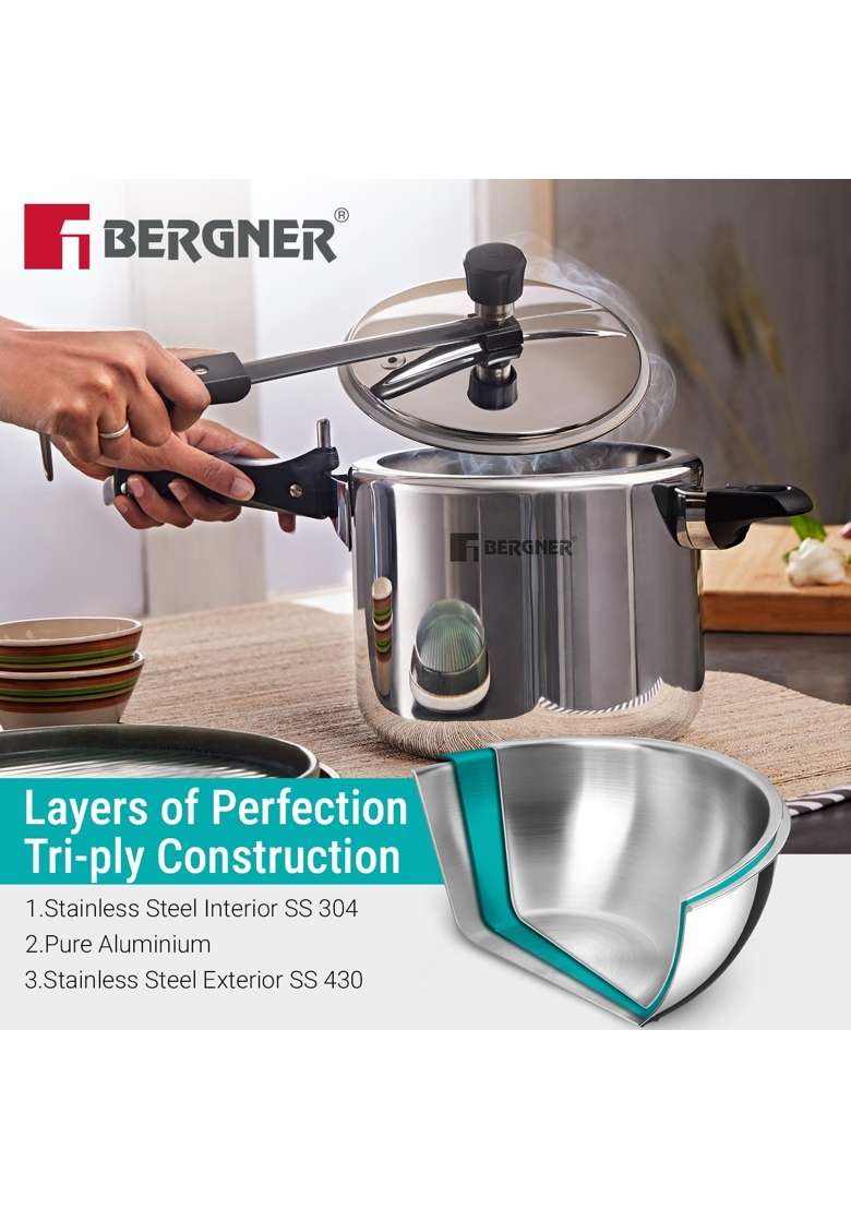 BERGNER Argent TriPly Stainless Steel Inner Lid Pressure Cooker | 5 L | 5.3 Qt | Induction Compatible - Indya