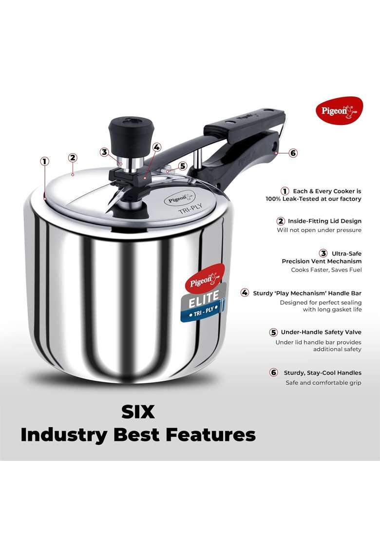 Pigeon By Stovekraft Elite Shine Tri-Ply Body Inner Lid Pressure Cooker Induction | 3 L | 3.2 Qt - Indya