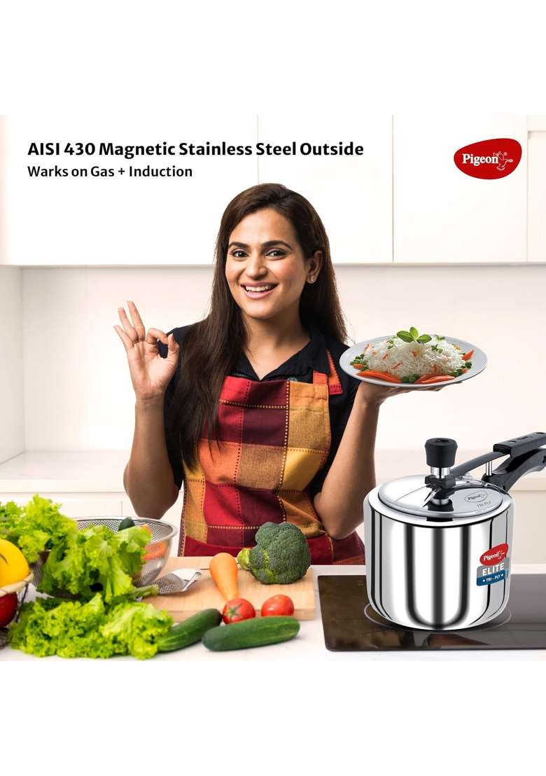 Pigeon By Stovekraft Elite Shine Tri-Ply Body Inner Lid Pressure Cooker Induction | 3 L | 3.2 Qt - Indya