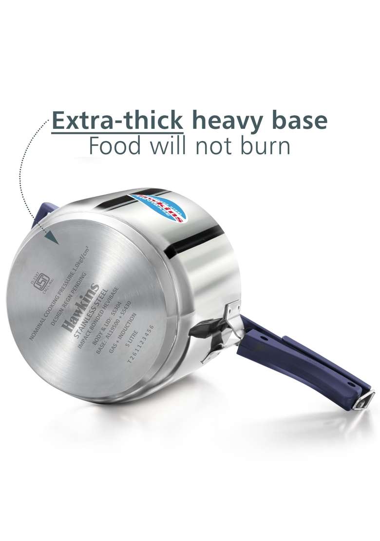 Hawkins Hevibase Stainless Steel Pressure Cooker | 5 L | 5.3 Qt | Induction Compatible - Indya