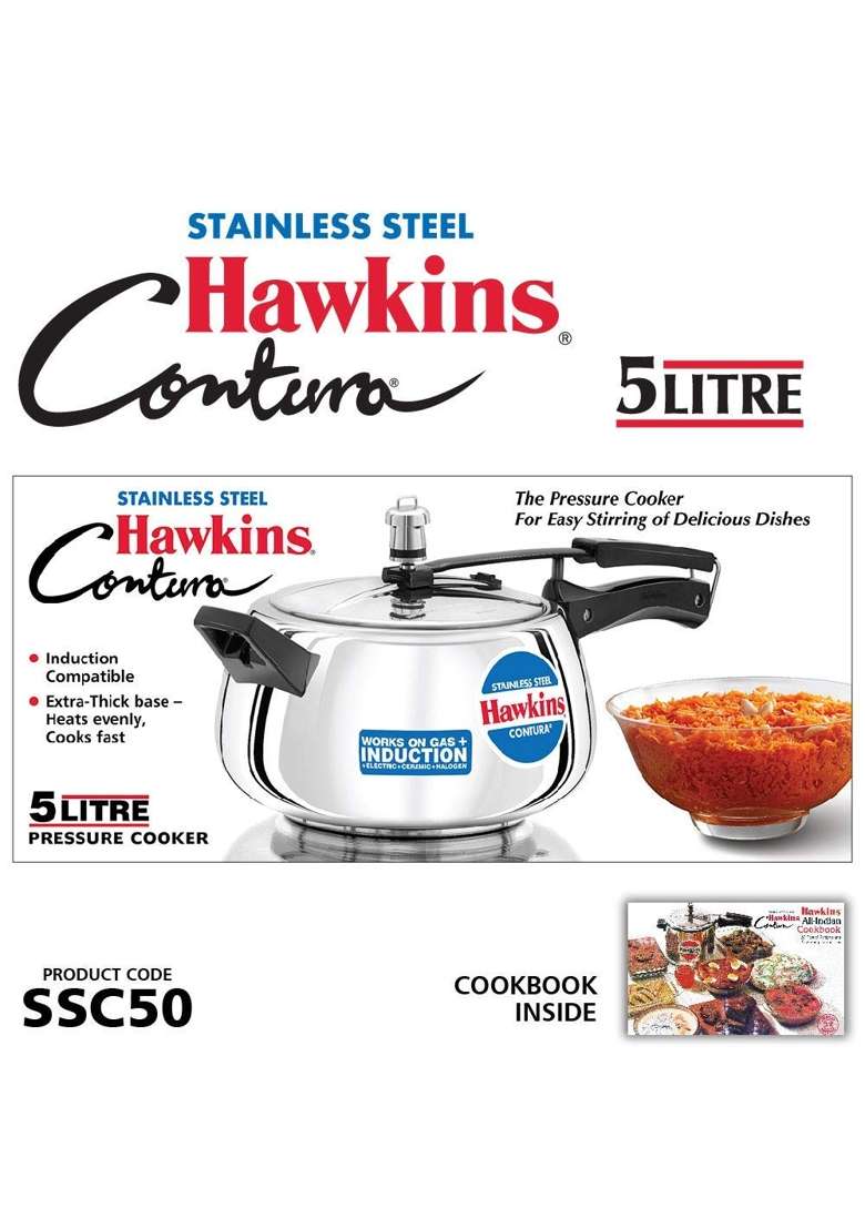 Hawkins Stainless Steel Contura Induction Compatible Inner Lid Pressure Cooker | 5 L | 5.3 Qt - Indya