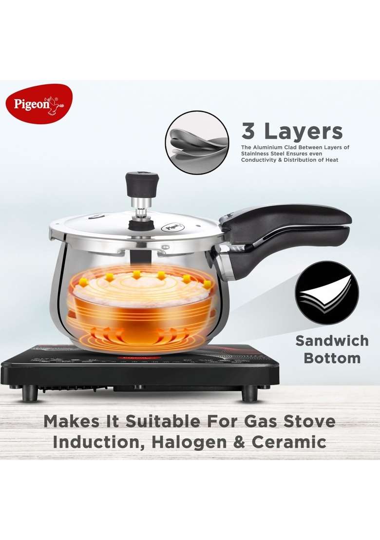 Pigeon By Stovekraft Inox Pro Stainless Steel Cooker Outer Lid Cooker-Induction Base | 3 L | 3.2 Qt - Indya