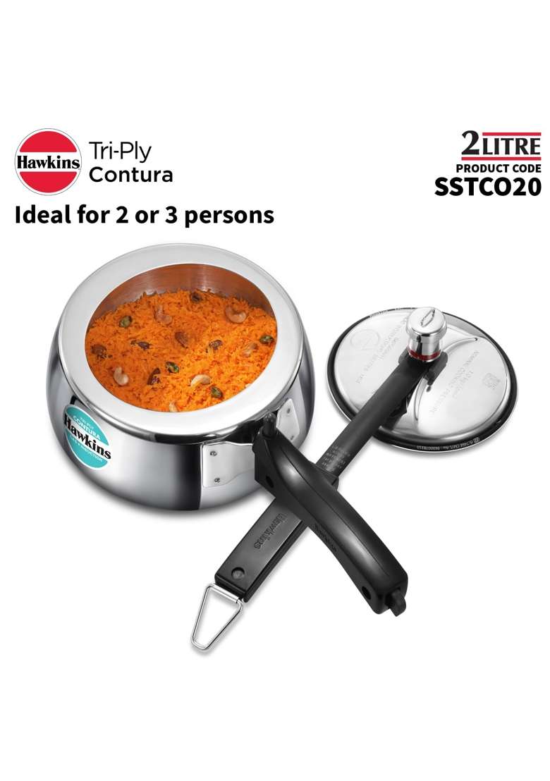 Hawkins Triply Stainless Steel Contura Pressure Cooker | 2 L | 2.1 Qt | Induction Compatible - Indya