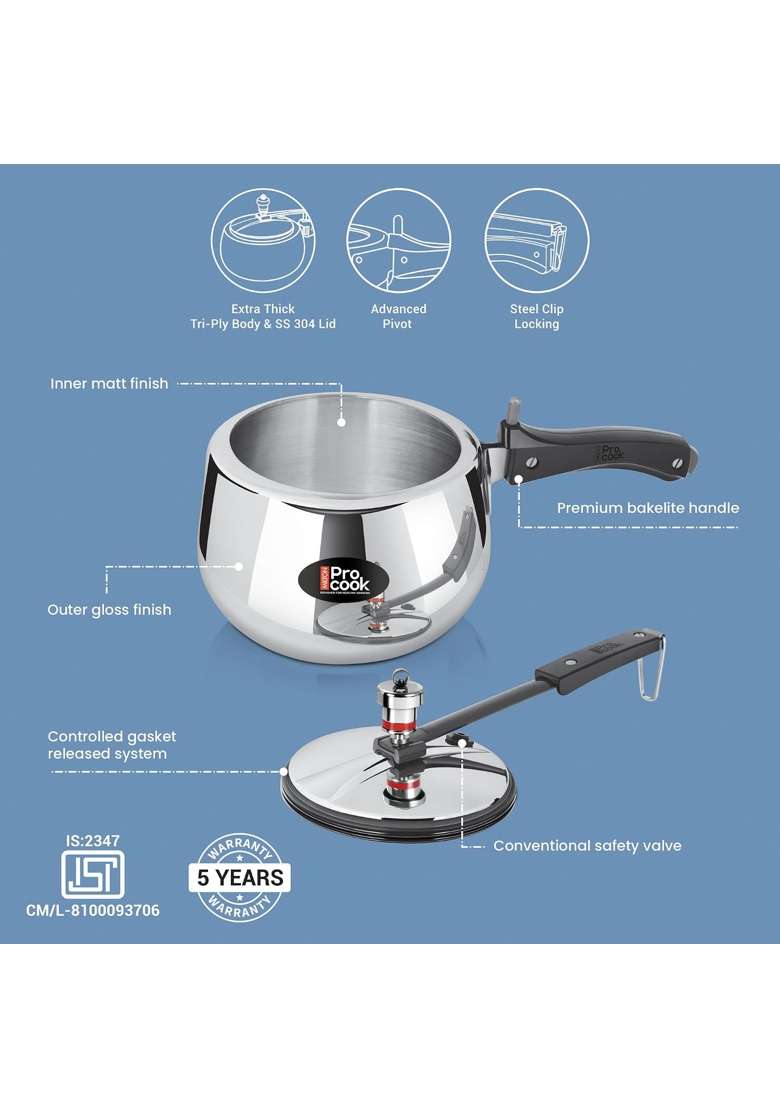 MILTON Pro cook Induction Cookware and Gas Stove Friendly Triply Stainless Steel Curve Pressure | 3 L | 3.2 Qt - Indya