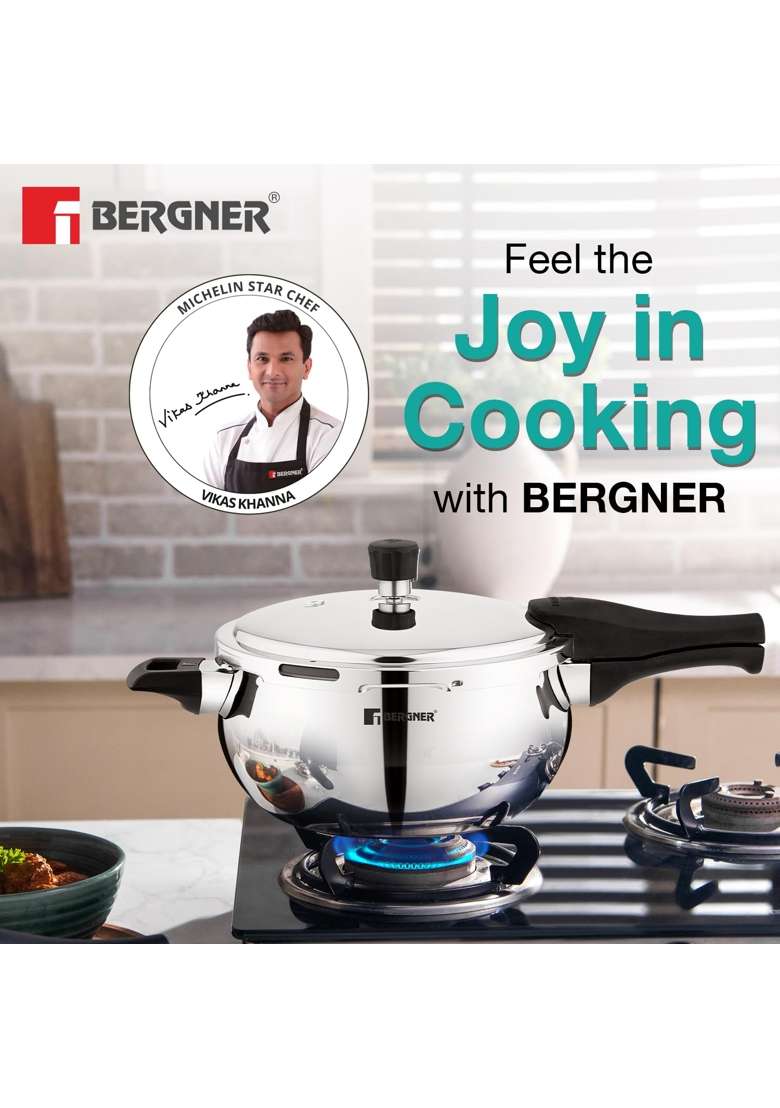 BERGNER Trimax ORB Triply Stainless Steel Belly Shape Outer Lid Pressure Cooker | 2 L | 2.1 Qt | Induction Compatible - Indya