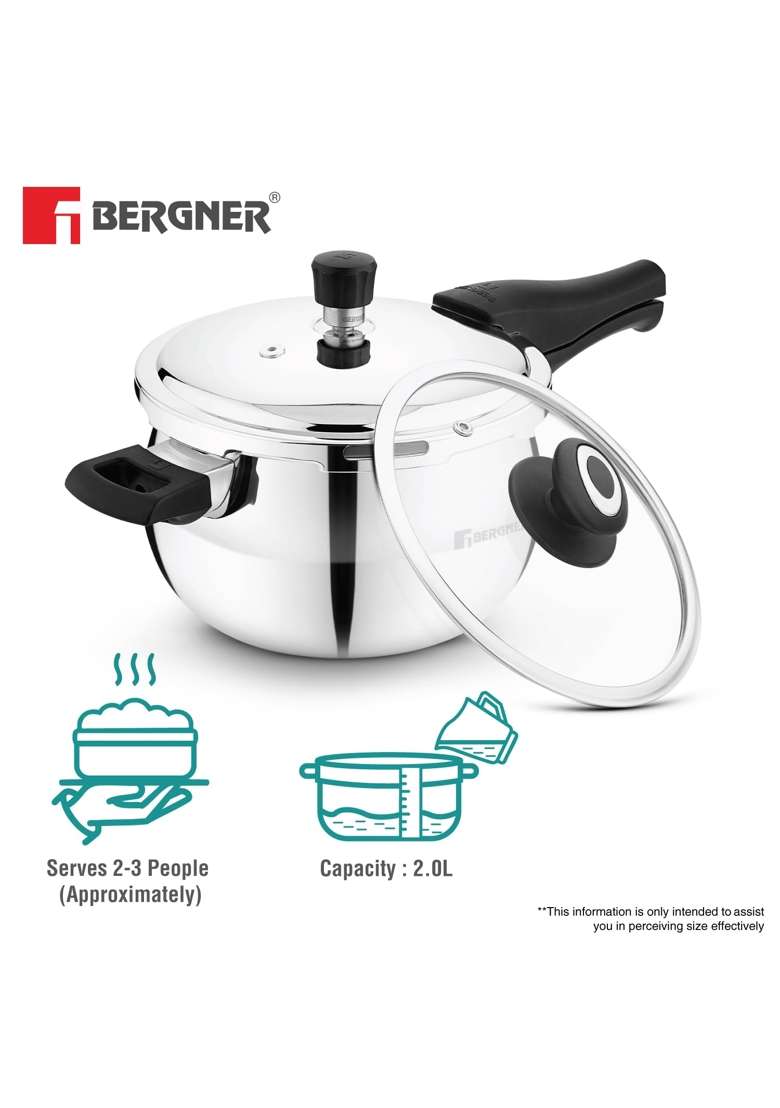BERGNER Trimax ORB Triply Stainless Steel Belly Shape Outer Lid Pressure Cooker | 2 L | 2.1 Qt | Induction Compatible - Indya