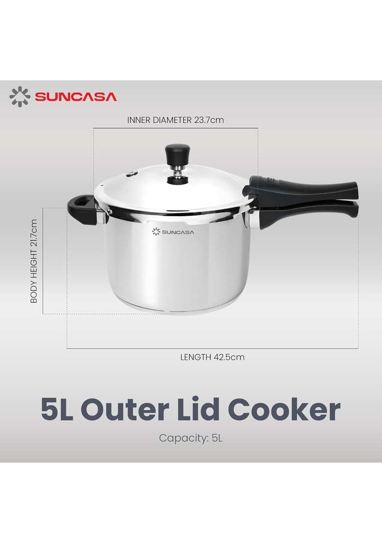 SUNCASA Impact Pro 304 Stainless Steel Outer Lid Pressure Cooker | 5 L | 5.3 Qt | Induction Compatible - Indya