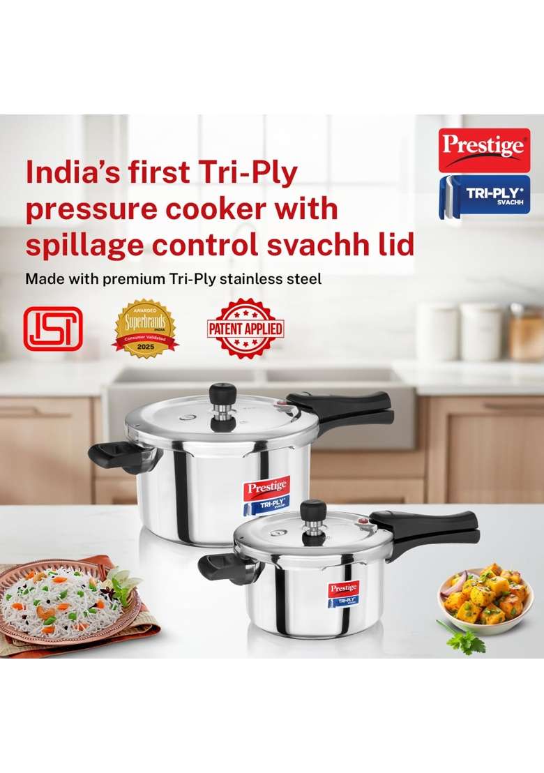 Prestige Triply Svachh Outer Lid Pressure Cooker Combi with 2 Lids | 5 L | 5.3 Qt | Induction Compatible - Indya