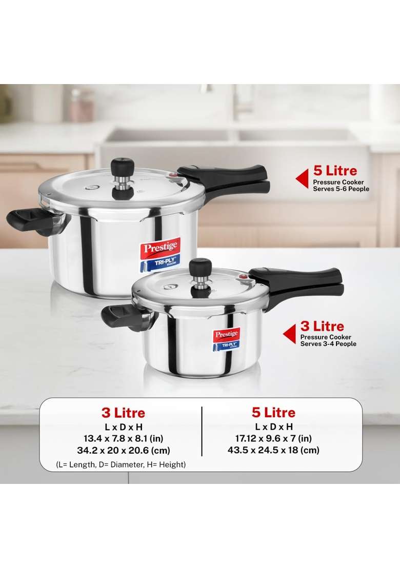 Prestige Triply Svachh Outer Lid Pressure Cooker Combi with 2 Lids | 5 L | 5.3 Qt | Induction Compatible - Indya