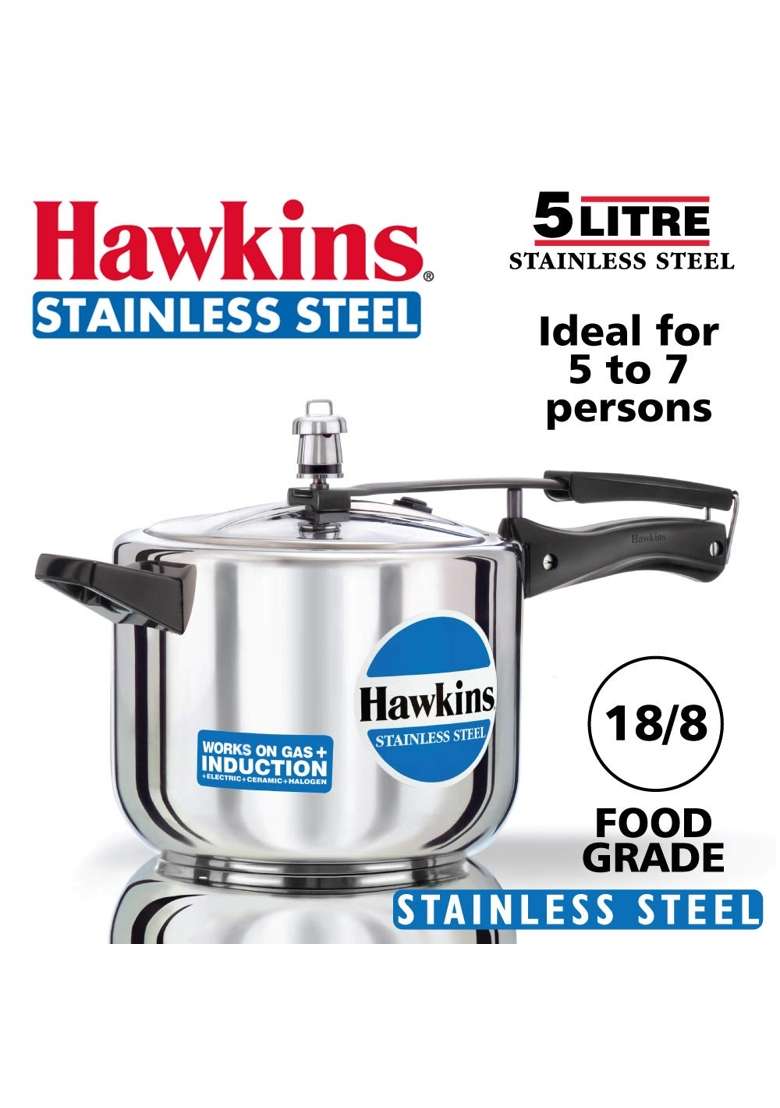 Hawkins Stainless Steel Pressure Cooker | 5 L | 5.3 Qt - Indya