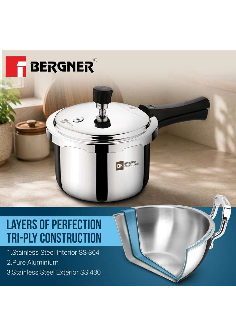 BERGNER BE Essentials Triply Pressure Cooker Large Combo | 3 L | 3.2 Qt | Induction Compatible - Indya