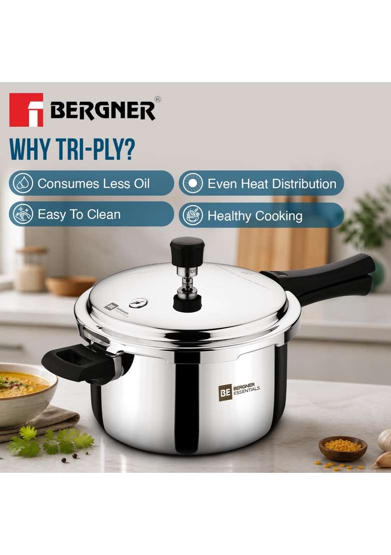 BERGNER BE Essentials Triply Pressure Cooker Large Combo | 3 L | 3.2 Qt | Induction Compatible - Indya