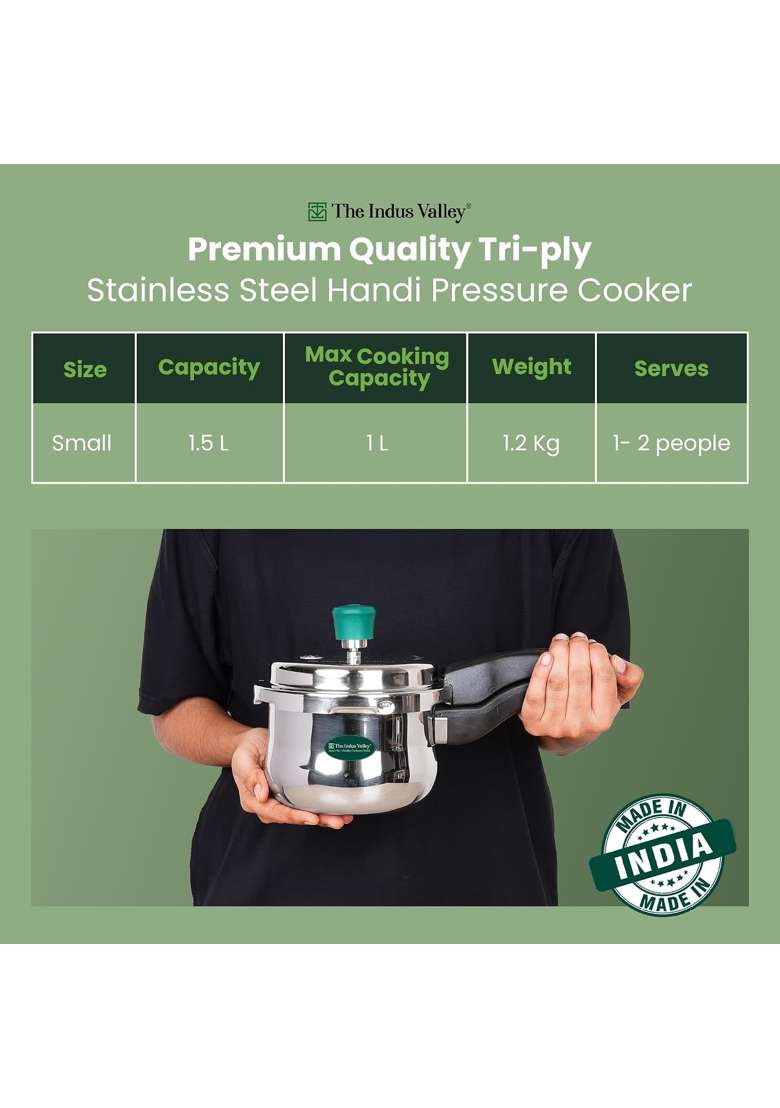 The Indus Valley Triply Stainless Steel Handi Cooking Pot Outer Lid Pressure Cooker | 1.5 L | 1.6 Qt | Induction Compatible | Non-Toxic | Non-Stick - Indya