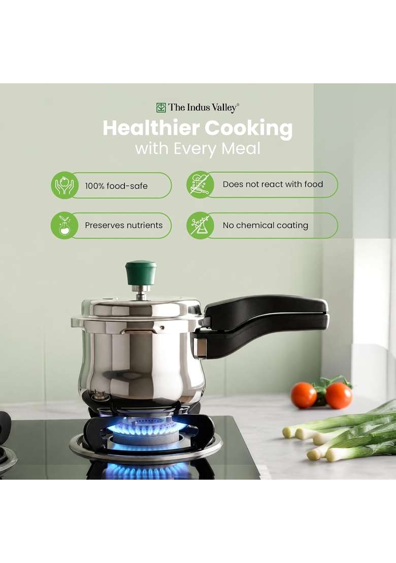 The Indus Valley Triply Stainless Steel Handi Cooking Pot Outer Lid Pressure Cooker | 1.5 L | 1.6 Qt | Induction Compatible | Non-Toxic | Non-Stick - Indya