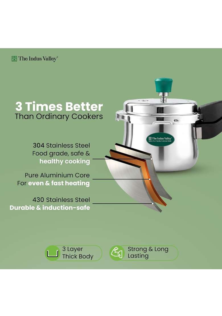 The Indus Valley Triply Stainless Steel Handi Cooking Pot Outer Lid Pressure Cooker | 1.5 L | 1.6 Qt | Induction Compatible | Non-Toxic | Non-Stick - Indya