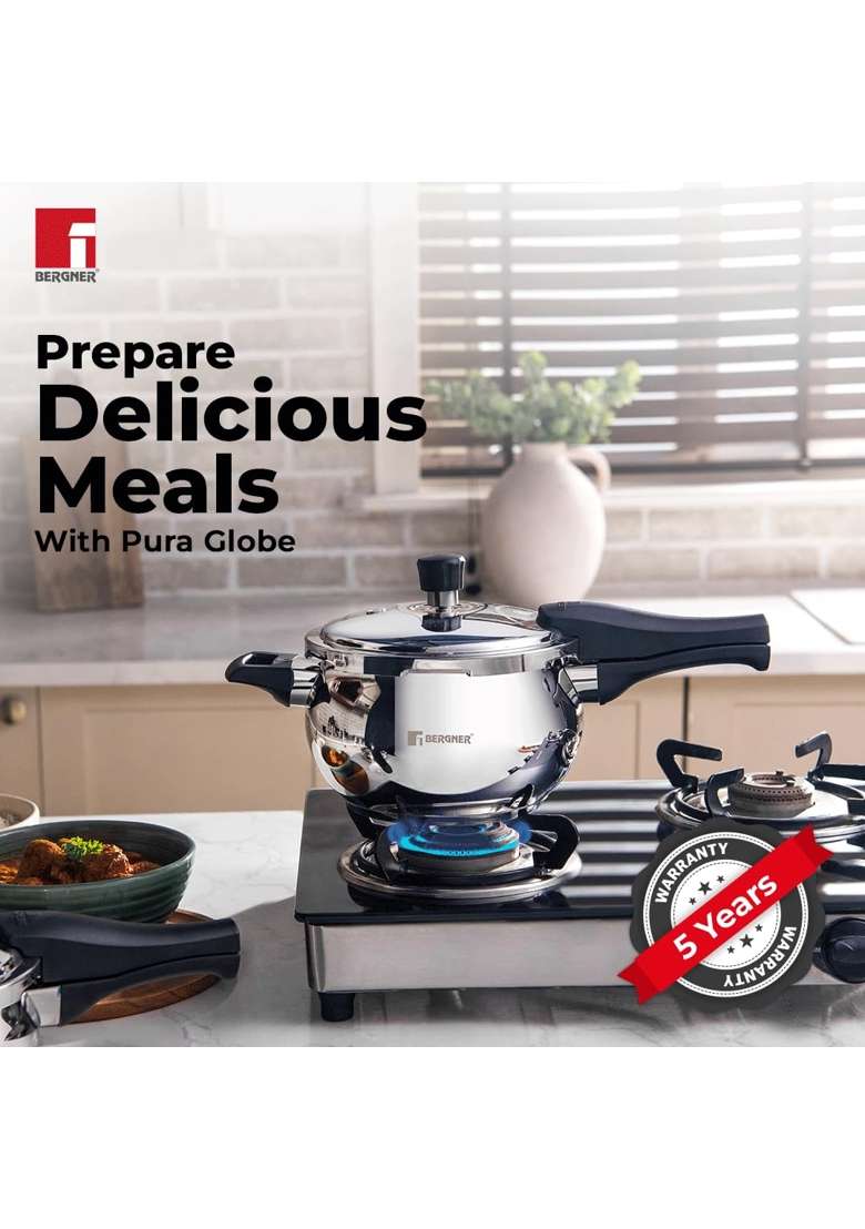 BERGNER Pura Stainless Steel Belly Shape Pressure Cooker | 1.5 L | 1.6 Qt | Induction Compatible | Tri-Ply - Indya