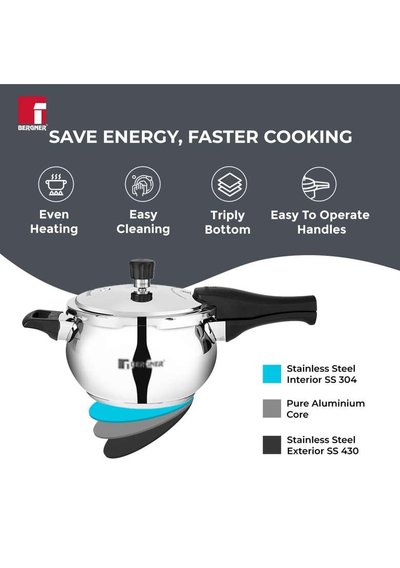 BERGNER Pura Stainless Steel Belly Shape Pressure Cooker | 1.5 L | 1.6 Qt | Induction Compatible | Tri-Ply - Indya
