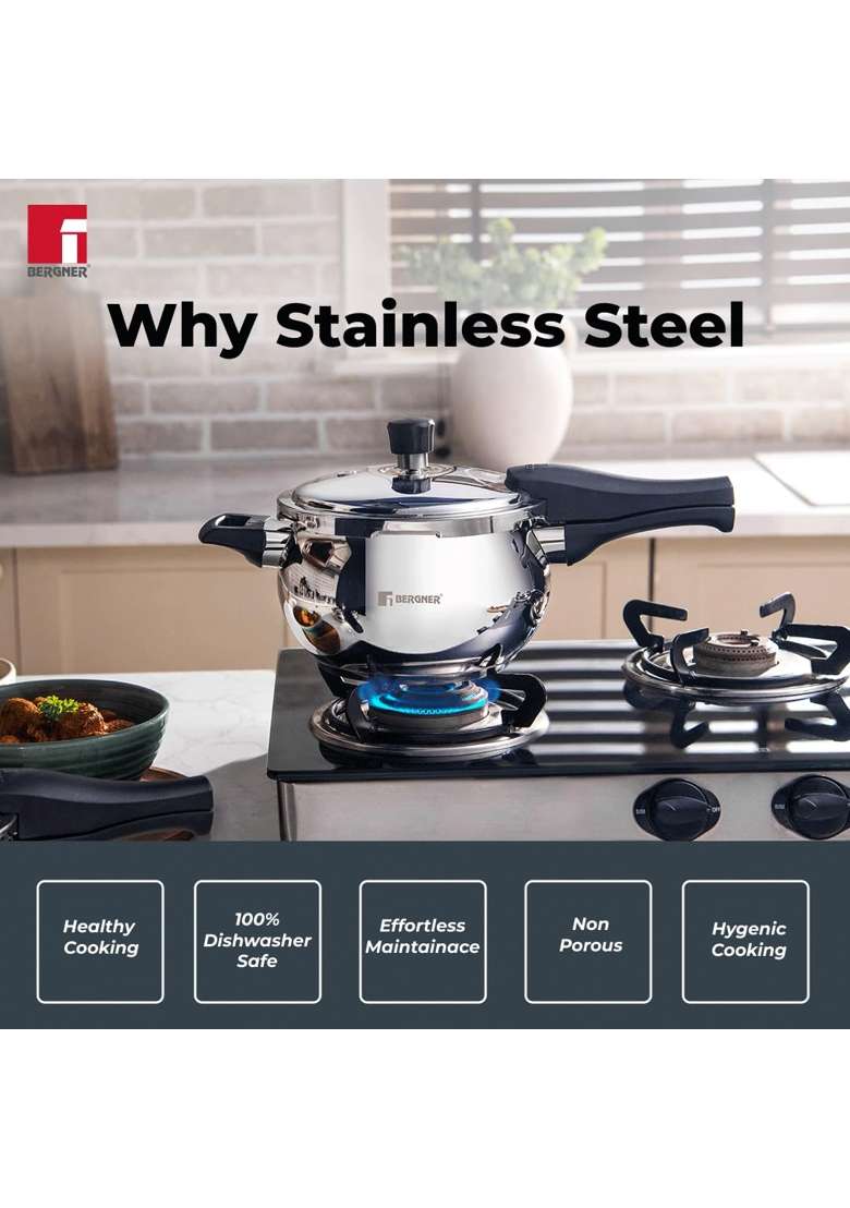 BERGNER Pura Stainless Steel Belly Shape Pressure Cooker | 1.5 L | 1.6 Qt | Induction Compatible | Tri-Ply - Indya