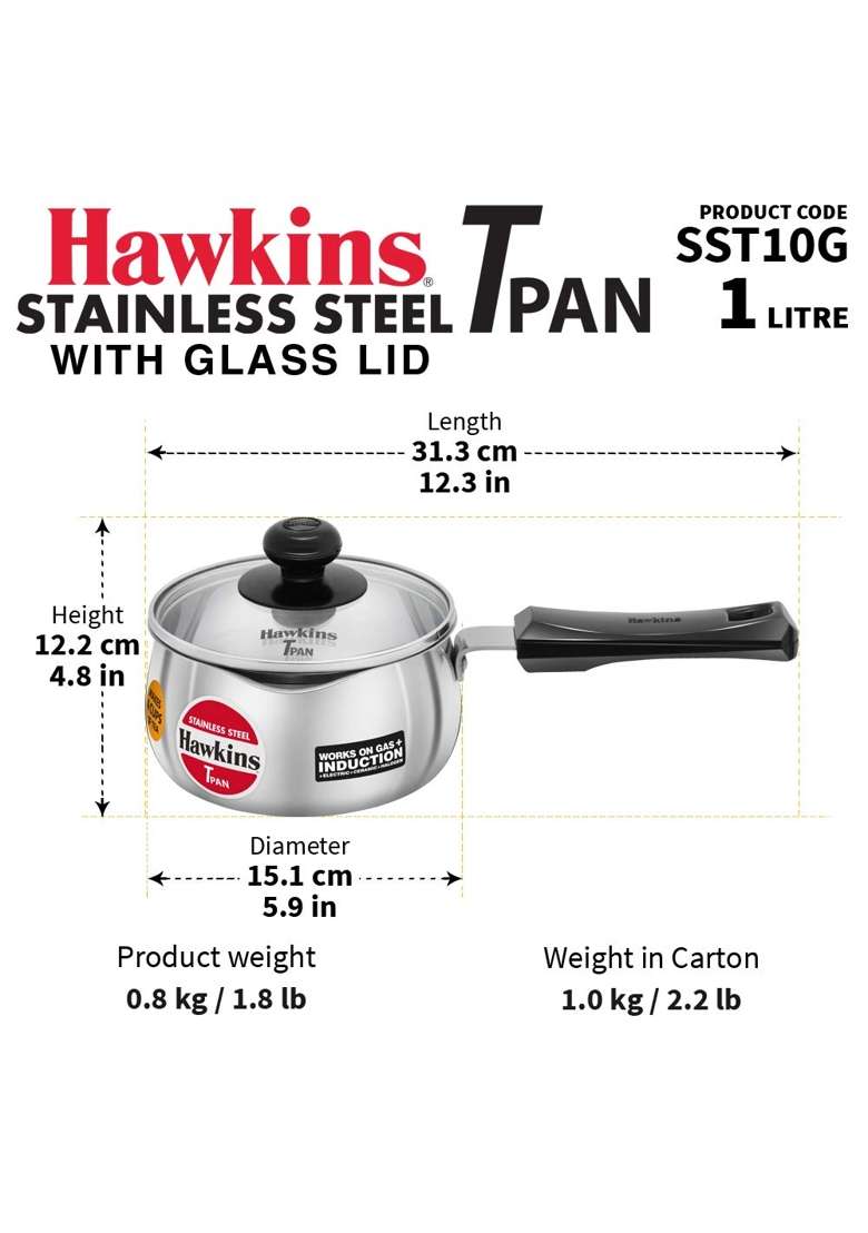 Hawkins Stainless Steel Induction Compatible TPan with Glass Lid | 1 L | 1.1 Qt - Indya