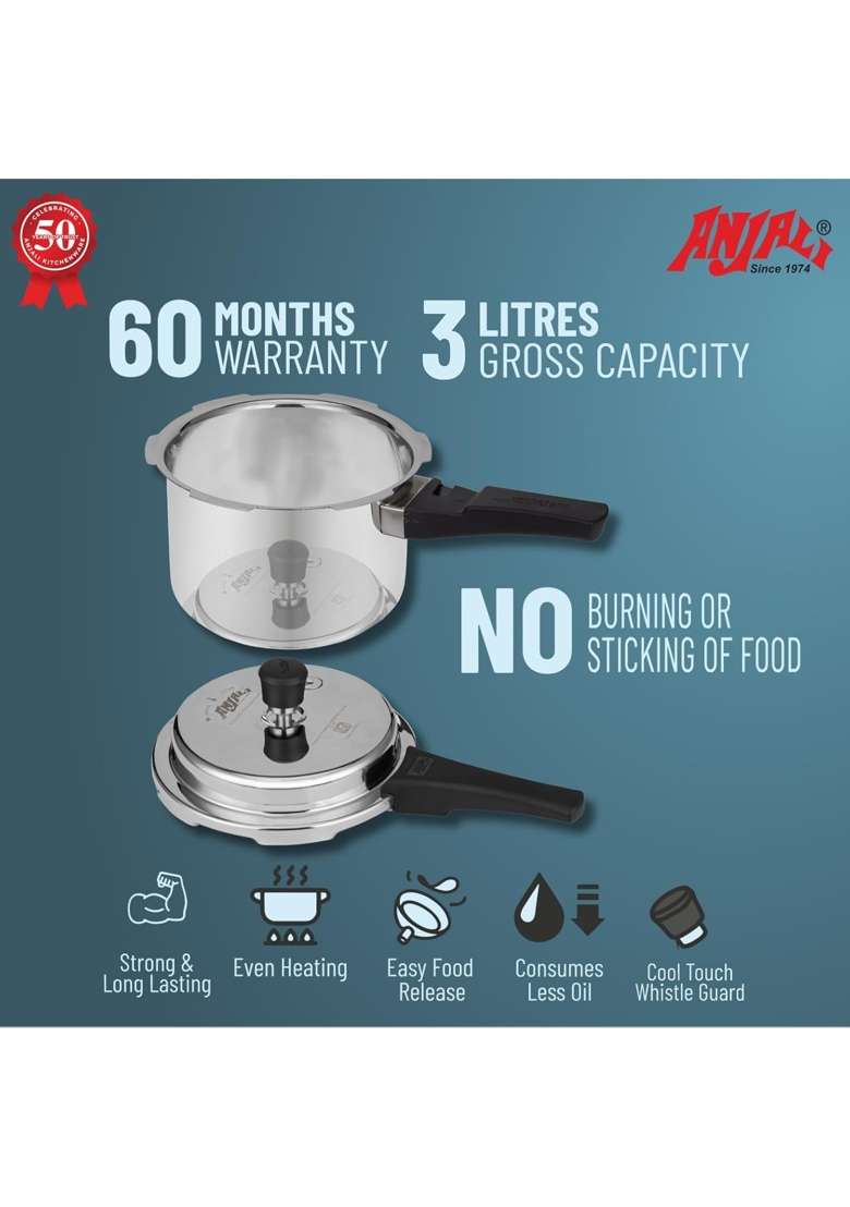 ANJALI Aqua Stainless Steel Induction Pressure Cooker | 3 L | 3.2 Qt - Indya
