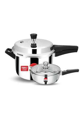 Camro Steel Camro Triply Pressure Cooker with Junior Pressure Pan Glass Lid | 3.5 L | 3.7 Qt | 2-Piece Set | Induction Compatible