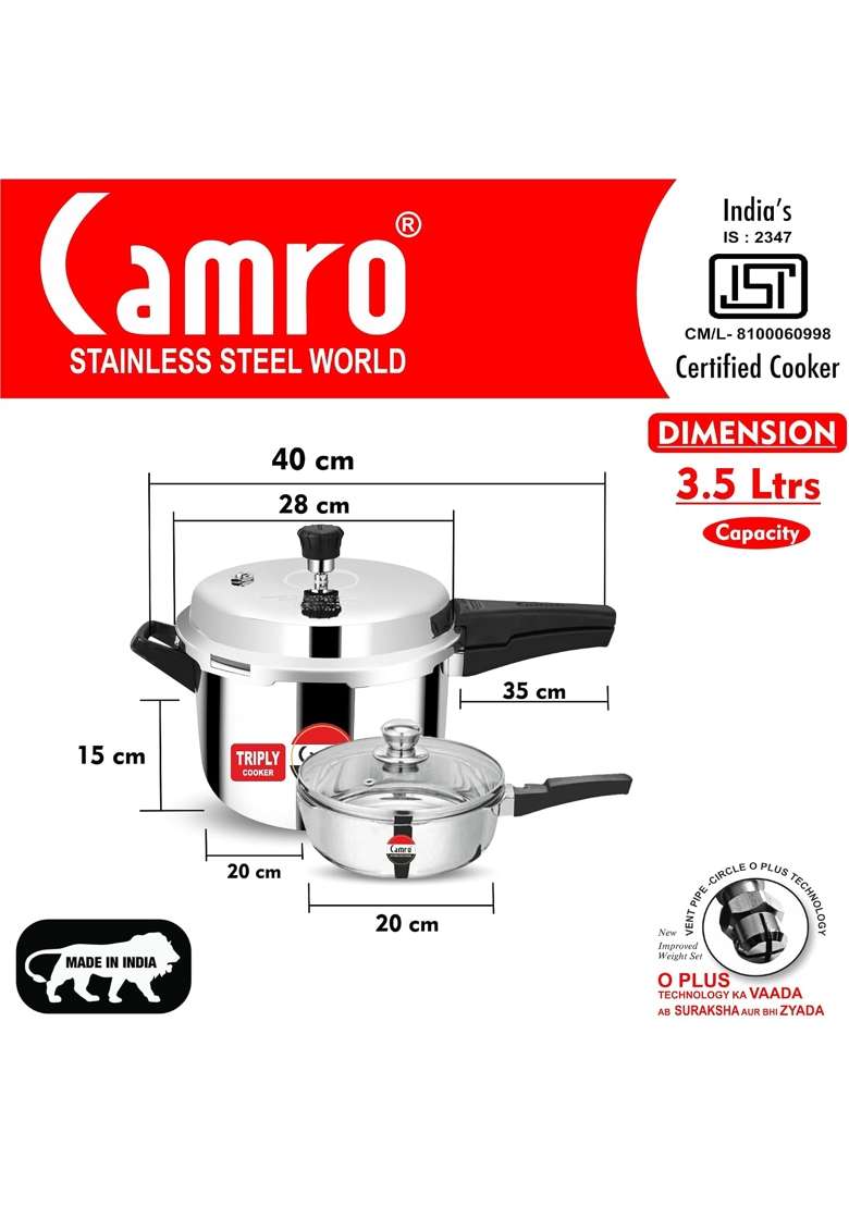 Camro Steel Camro Triply Pressure Cooker with Junior Pressure Pan Glass Lid | 3.5 L | 3.7 Qt | 2-Piece Set | Induction Compatible - Indya