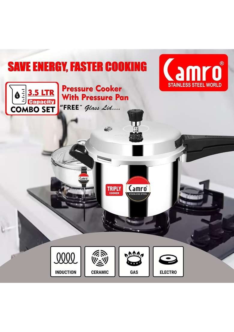 Camro Steel Camro Triply Pressure Cooker with Junior Pressure Pan Glass Lid | 3.5 L | 3.7 Qt | 2-Piece Set | Induction Compatible - Indya