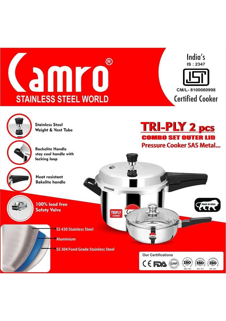 Camro Steel Camro Triply Pressure Cooker with Junior Pressure Pan Glass Lid | 3.5 L | 3.7 Qt | 2-Piece Set | Induction Compatible - Indya