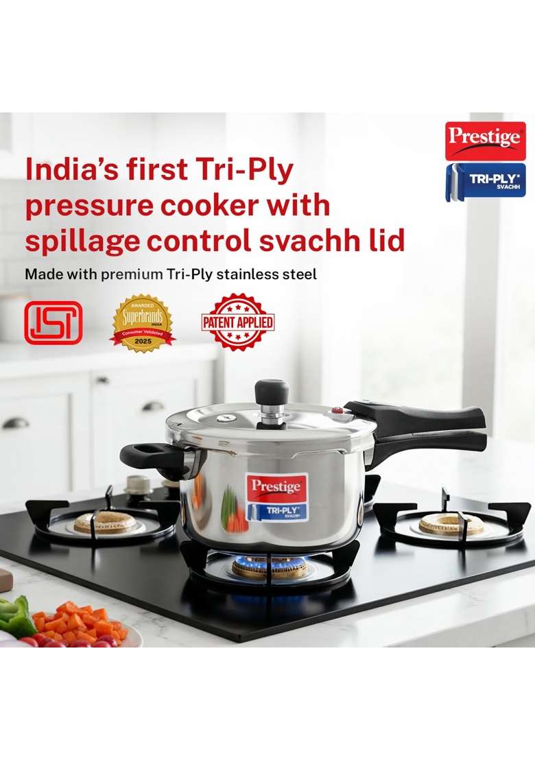 Prestige Triply Svachh Outerlid Pressure Cooker | 5 L | 5.3 Qt | Induction Compatible - Indya