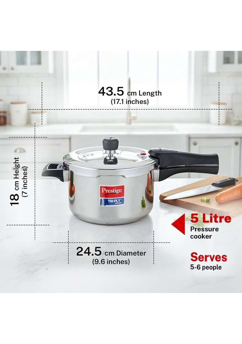 Prestige Triply Svachh Outerlid Pressure Cooker | 5 L | 5.3 Qt | Induction Compatible - Indya