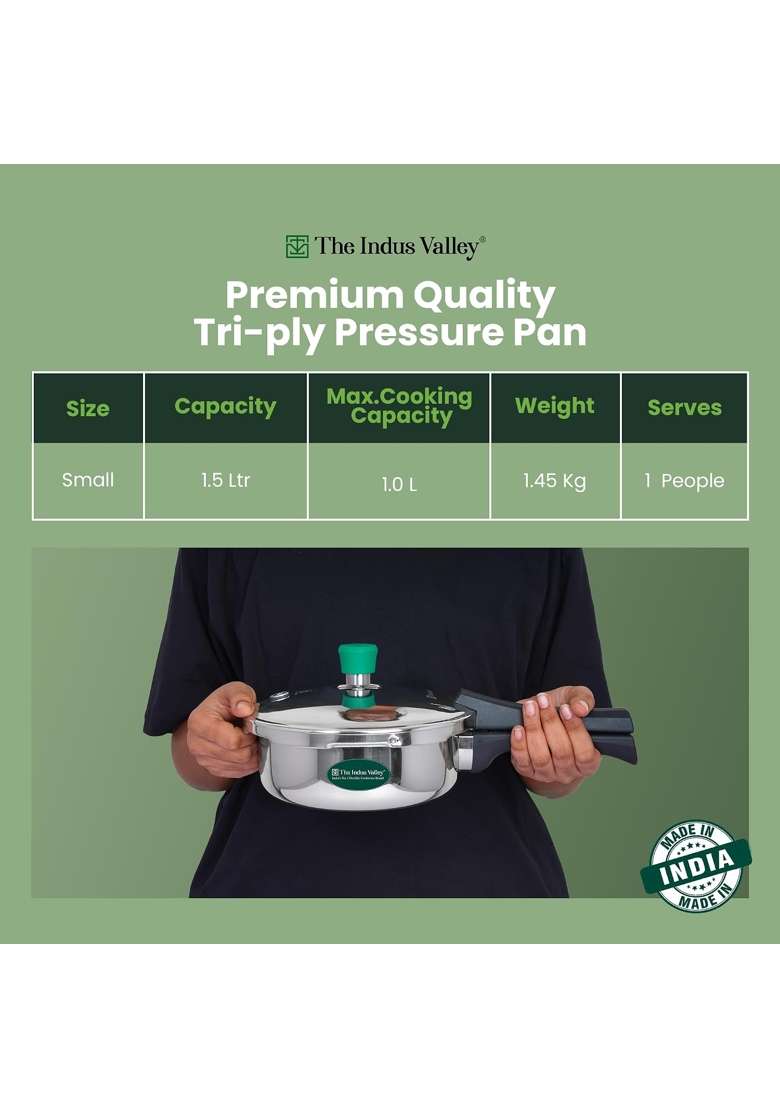 The Indus Valley Triply Stainless Steel Pressure Cooker Pressure Pan | 1.5 L | 1.6 Qt | Induction Compatible | Non-Toxic - Indya