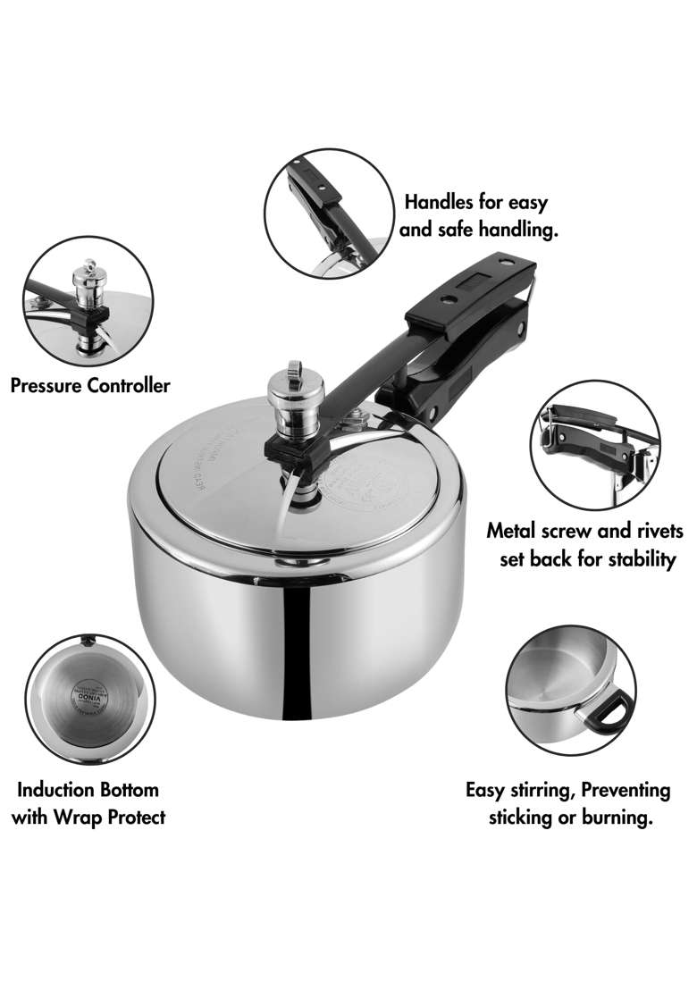 Vinod Straight Platinum Triply Stainless Steel Inner Lid Pressure Cooker | 2 L | 2.1 Qt | Induction Compatible - Indya