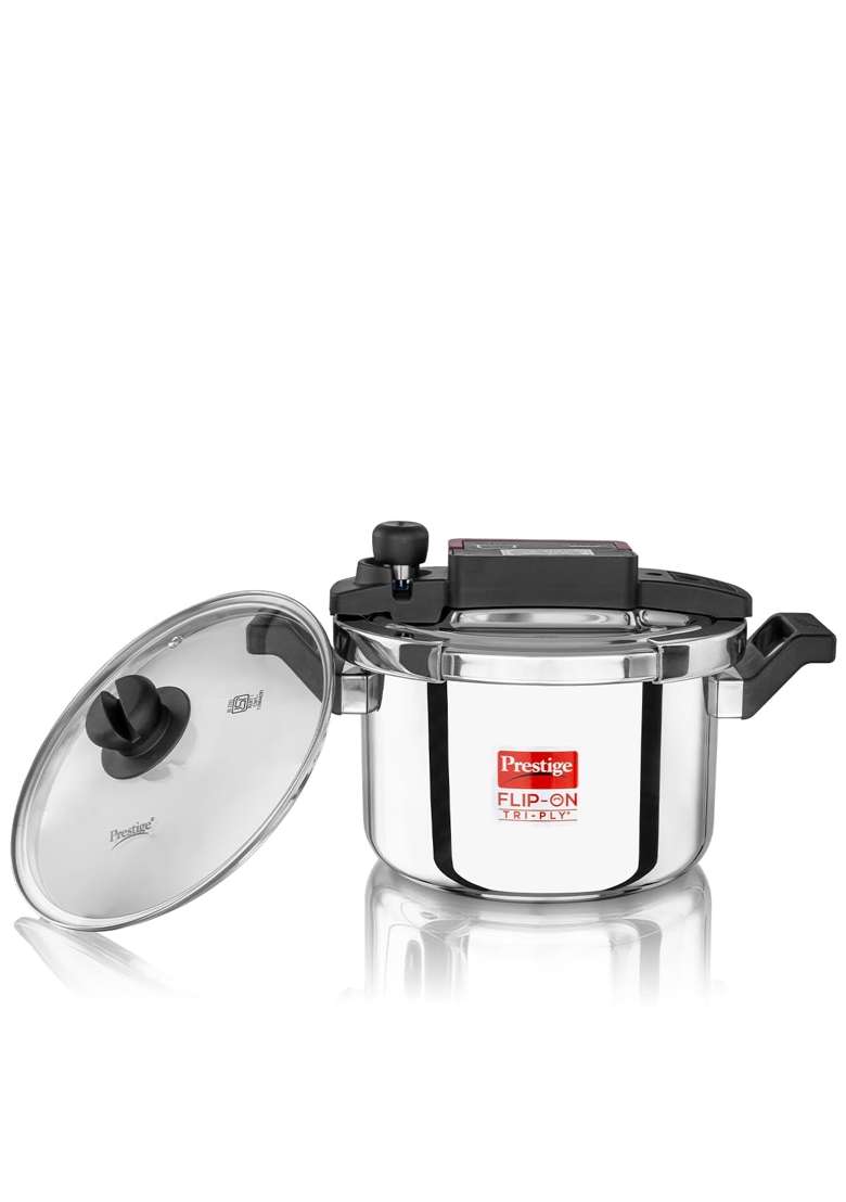 Prestige Flip on Triply Stainless Steel Pressure Cooker with Glass Lid | 5 L | 5.3 Qt | Induction Compatible - Indya