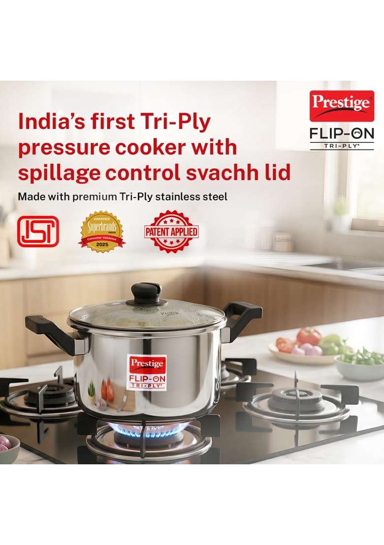 Prestige Flip on Triply Stainless Steel Pressure Cooker with Glass Lid | 5 L | 5.3 Qt | Induction Compatible - Indya